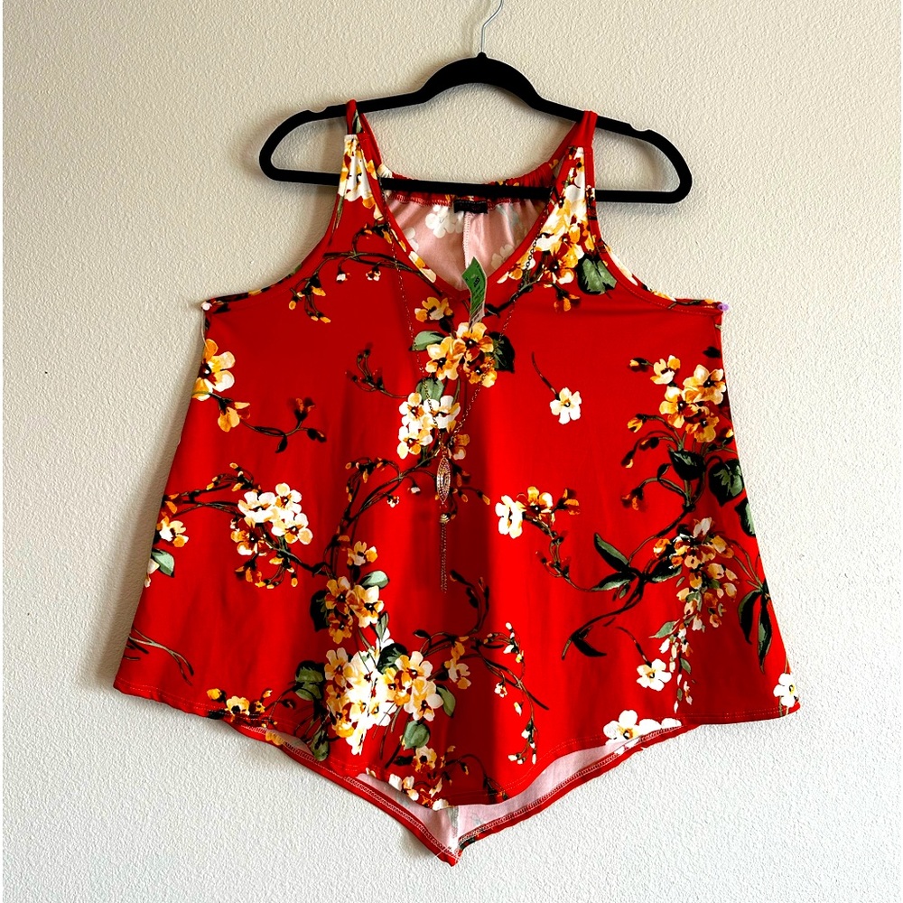 NWT 1X floral sleeveless summer dress shirt w/ necklace attached